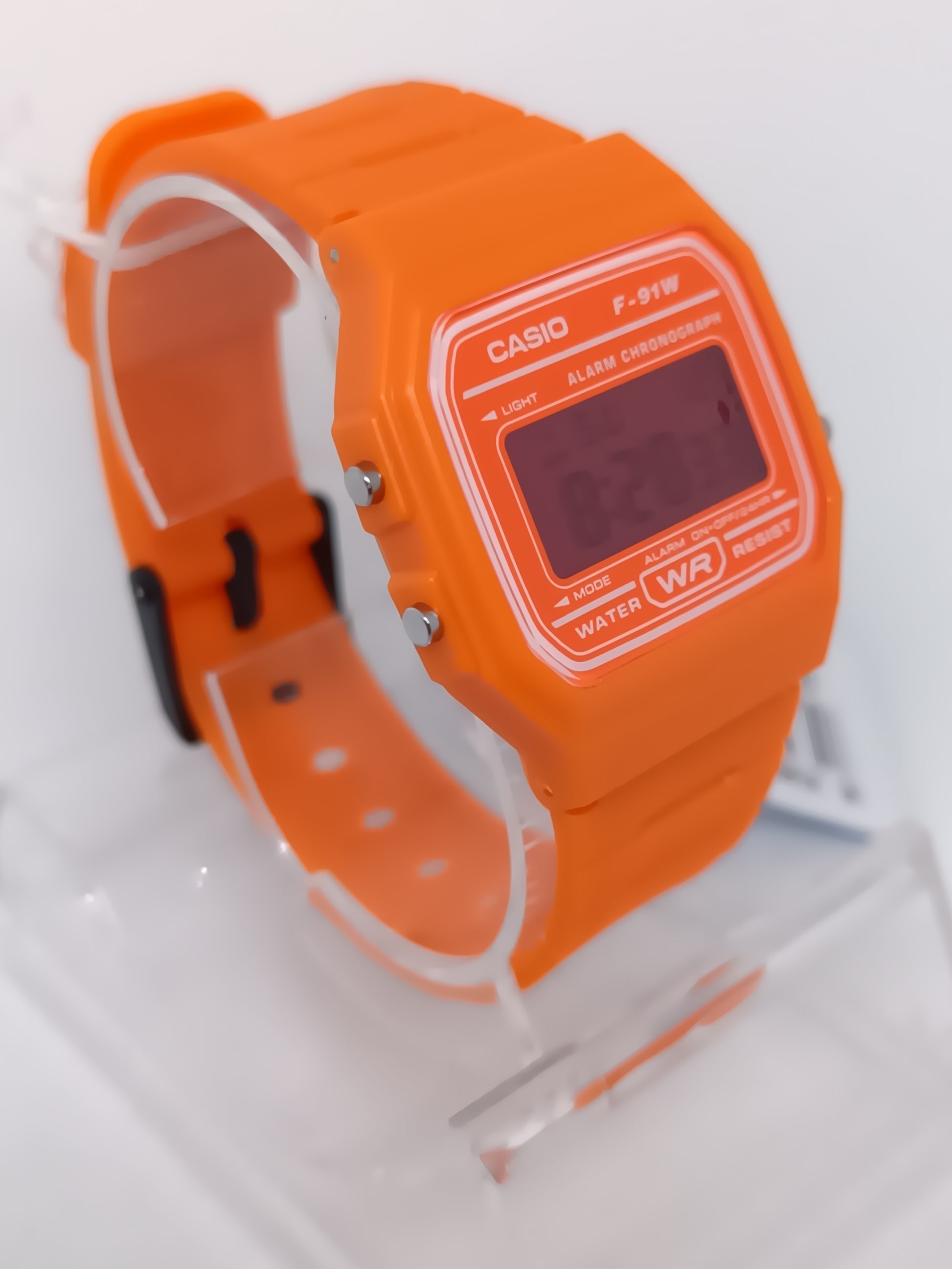 Casio F-91W Orange with pink screen mod