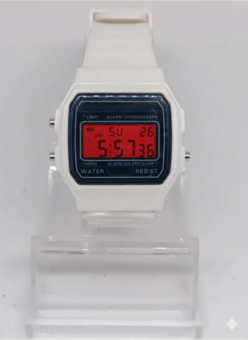 White Casio style watch with red screen mod