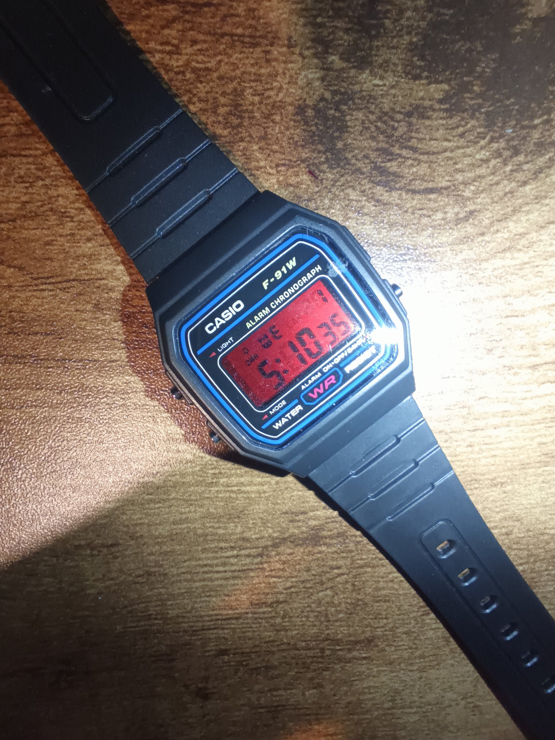 Casio F-91W with red screen mod.