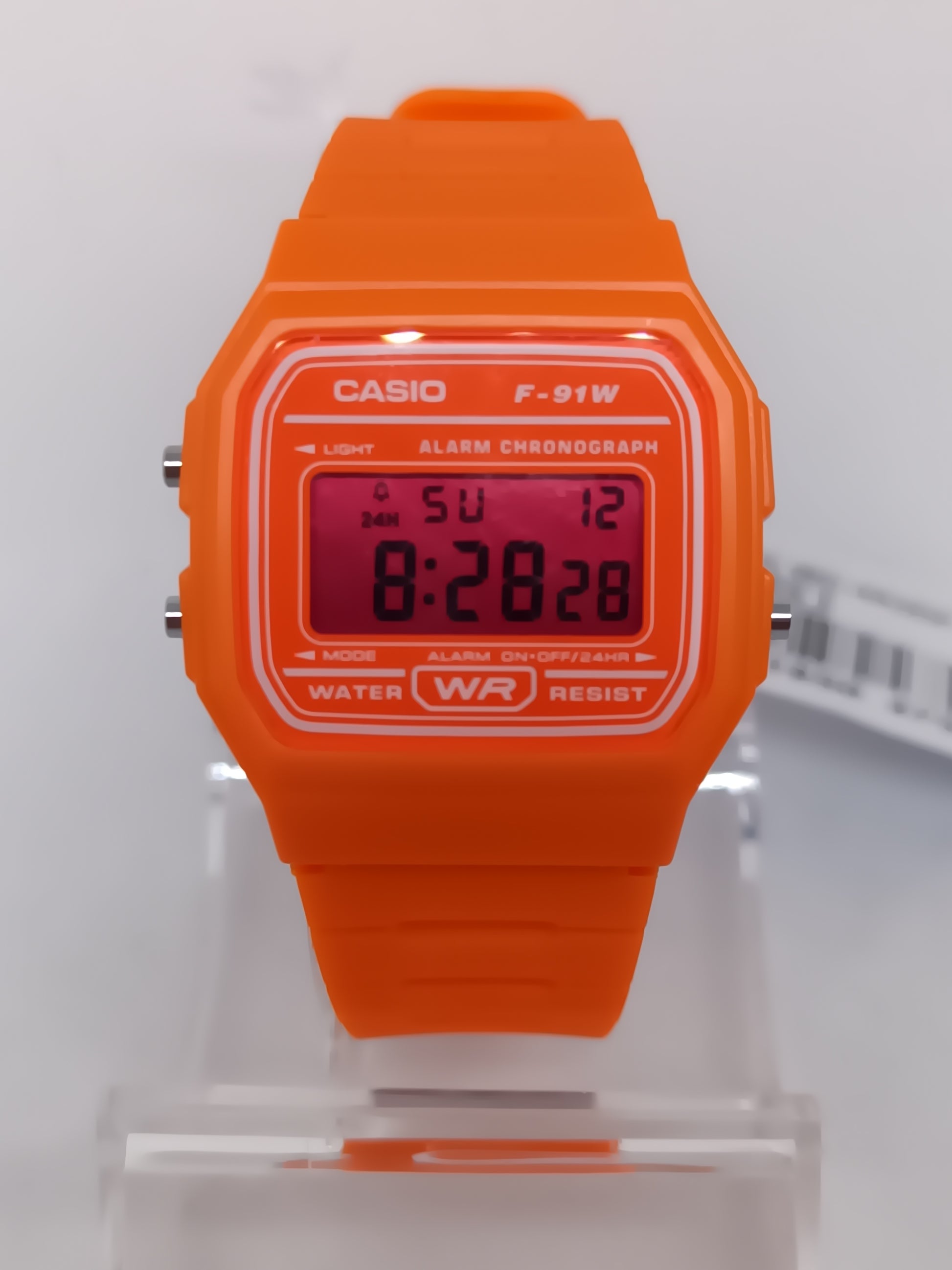 Casio F-91W Orange with pink screen mod