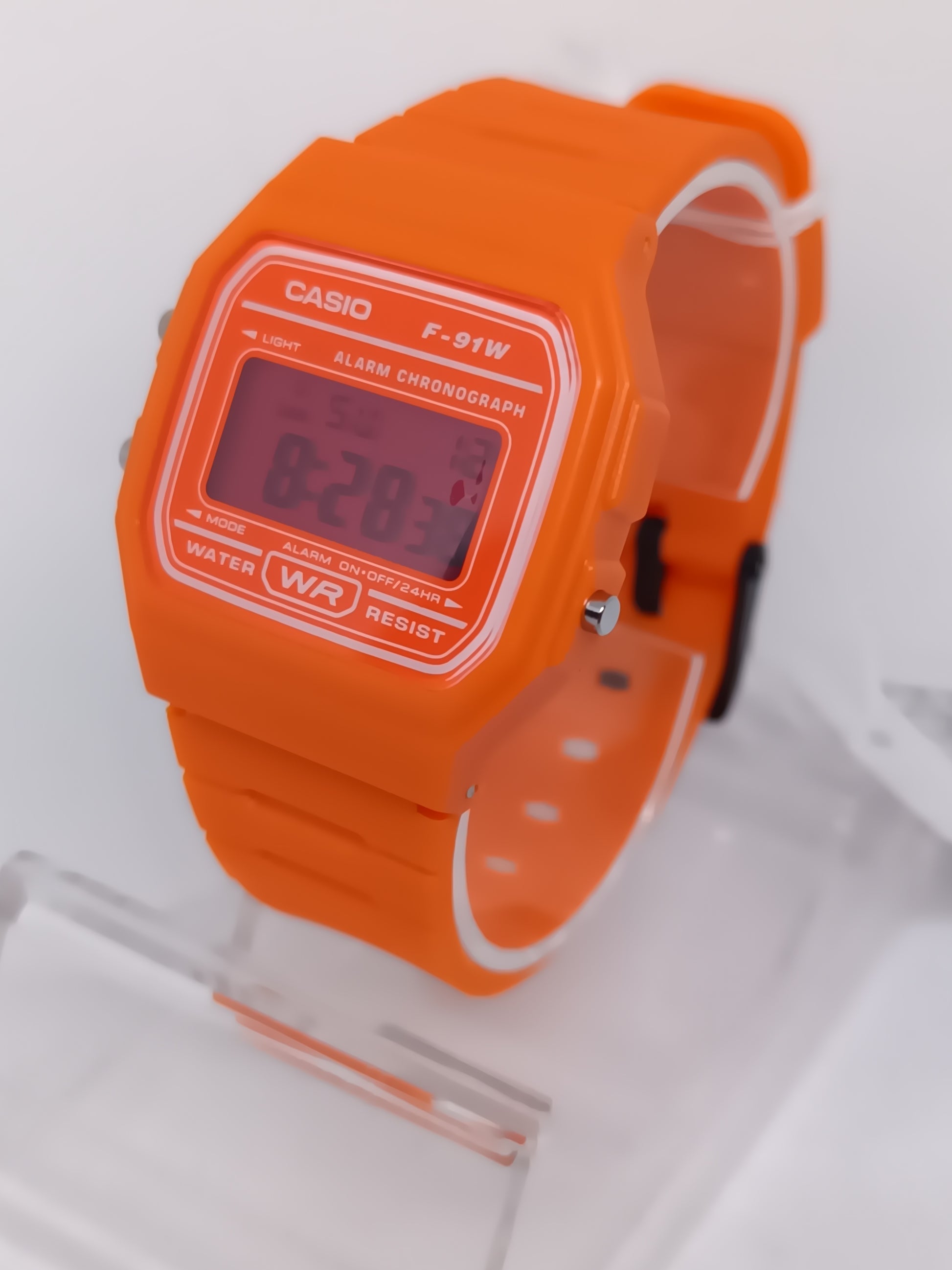 Casio F-91W Orange with pink screen mod