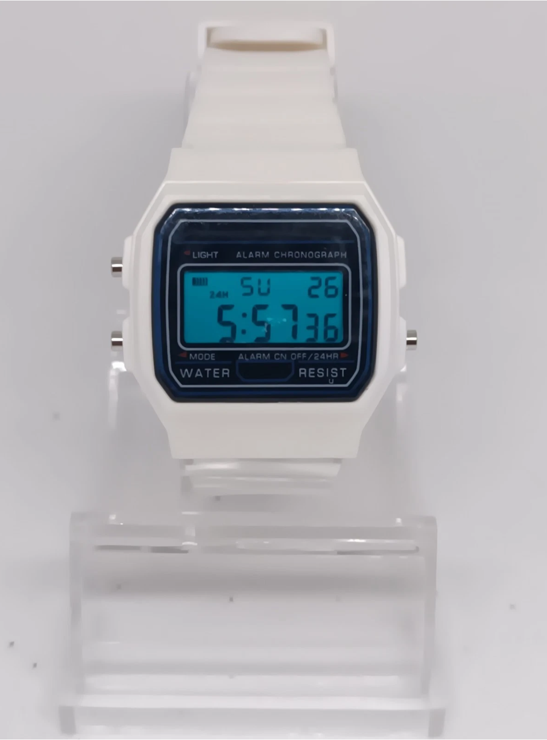 White Casio style watch with blue screen mod
