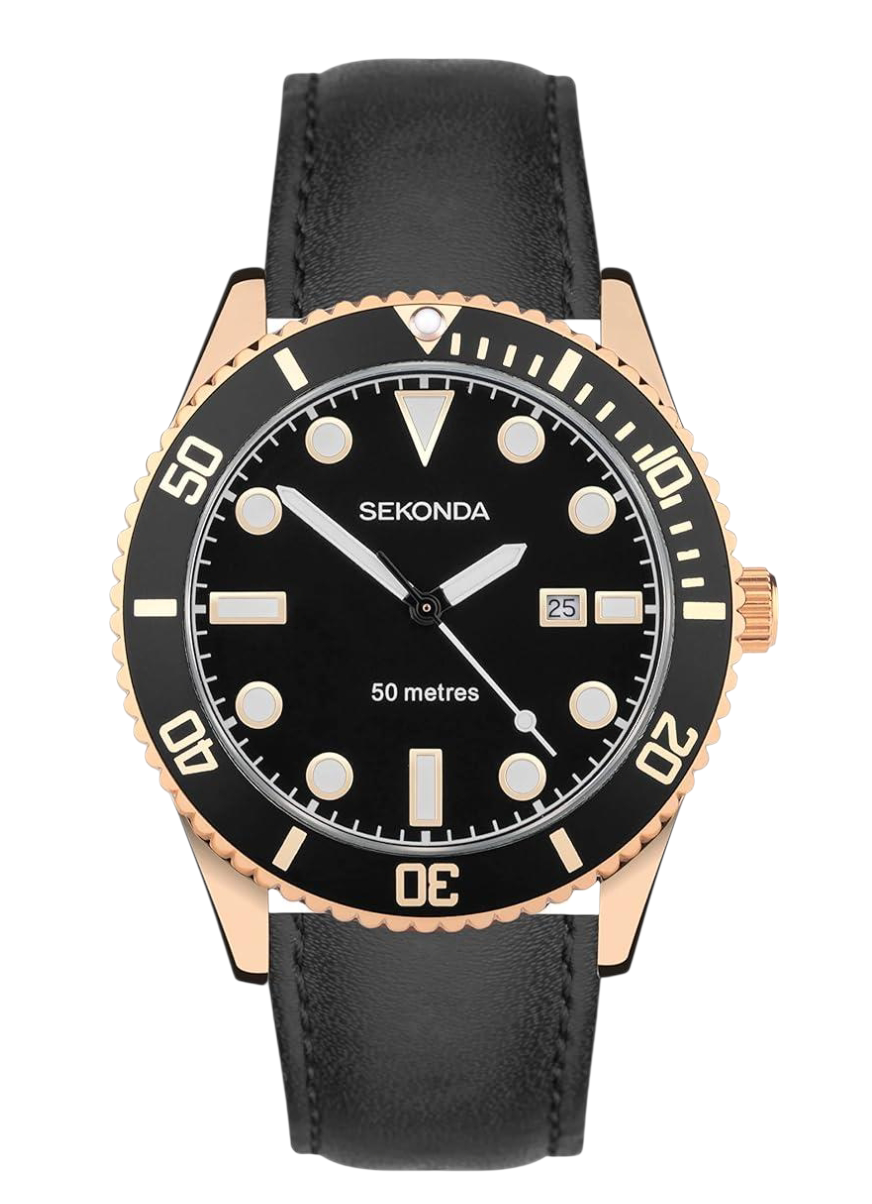 Sekonda Mens Fashion Dive Oceans Herren-Quarz Dated Black Leather Strap Watch 30138