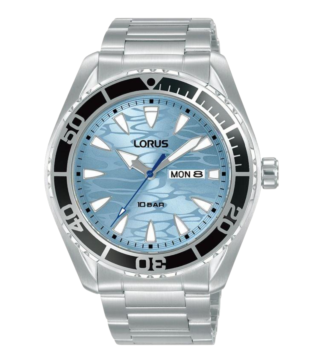 Lorus Mens Sports Diver Day/Date 42mm Light Blue Wave Dial Stainless Steel Bracelet Watch RH389AX9