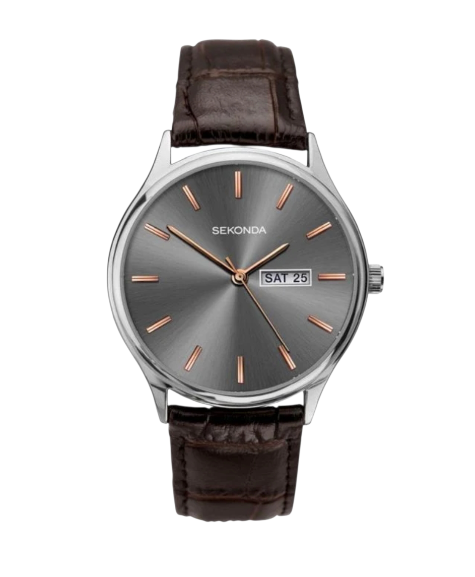 Sekonda Mens Basic Day date Grey Dial Brown Leather Strap Watch 1685