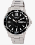 Lorus Mens Sports Day Date Black Dial Seigaiha-mon With Stainless Steel Bracelet Watch RH355AX9